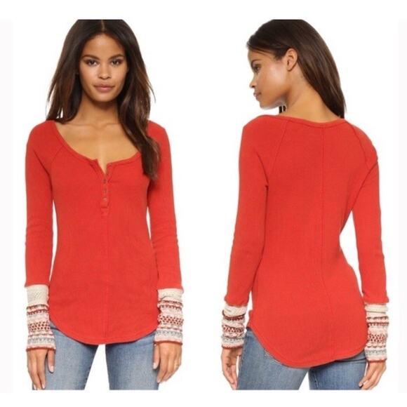 FREE PEOPLE Thermal Ski Lodge Top Orange Waffle Knit Crochet Cuffs Size Sz SP - Picture 1 of 11